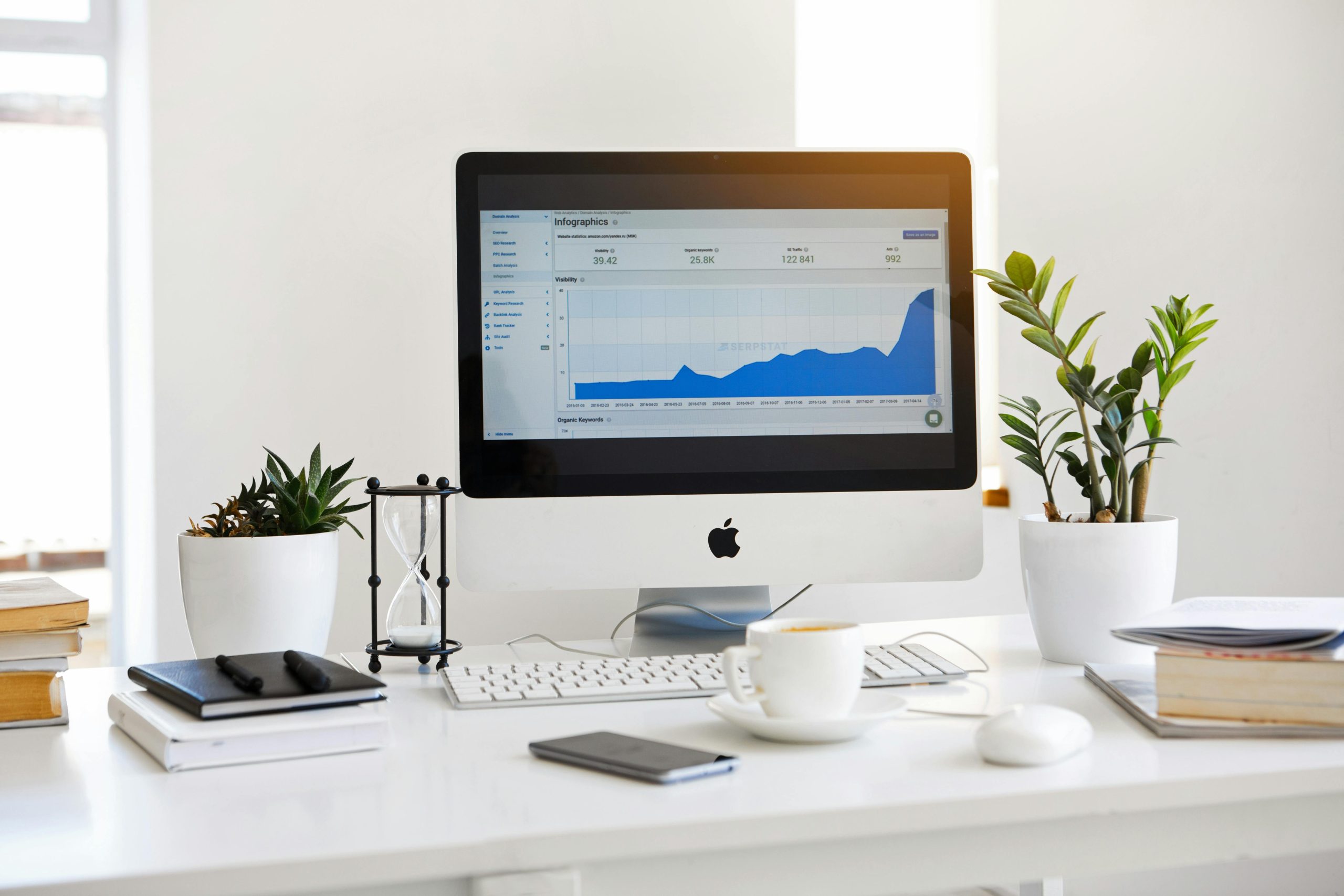 desktop computer and indoor plants on a white desk